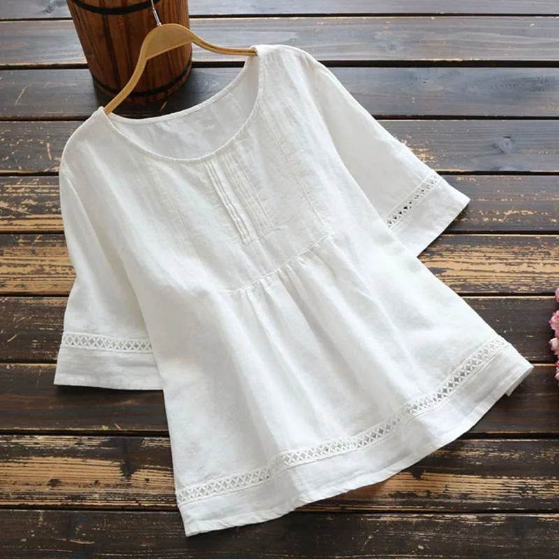 Fashion O-neck Short Sleeve White Lace Tops And Blouses Women 2024 Summer Loose Casual Cotton Linen Top Femme Blouse Shirt Woman - AIAZ