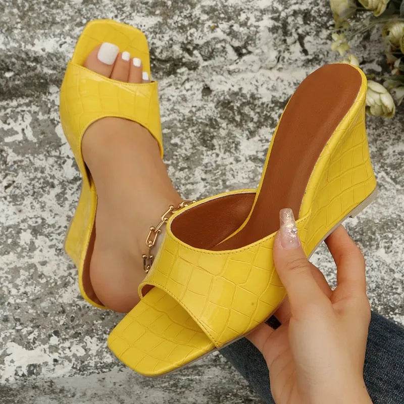 Snake Print Leather Wedges Shoes For Women Mules Slippers Summer Square Toe High Heels Gladiator Sandals Slides 2023 - AIAZ