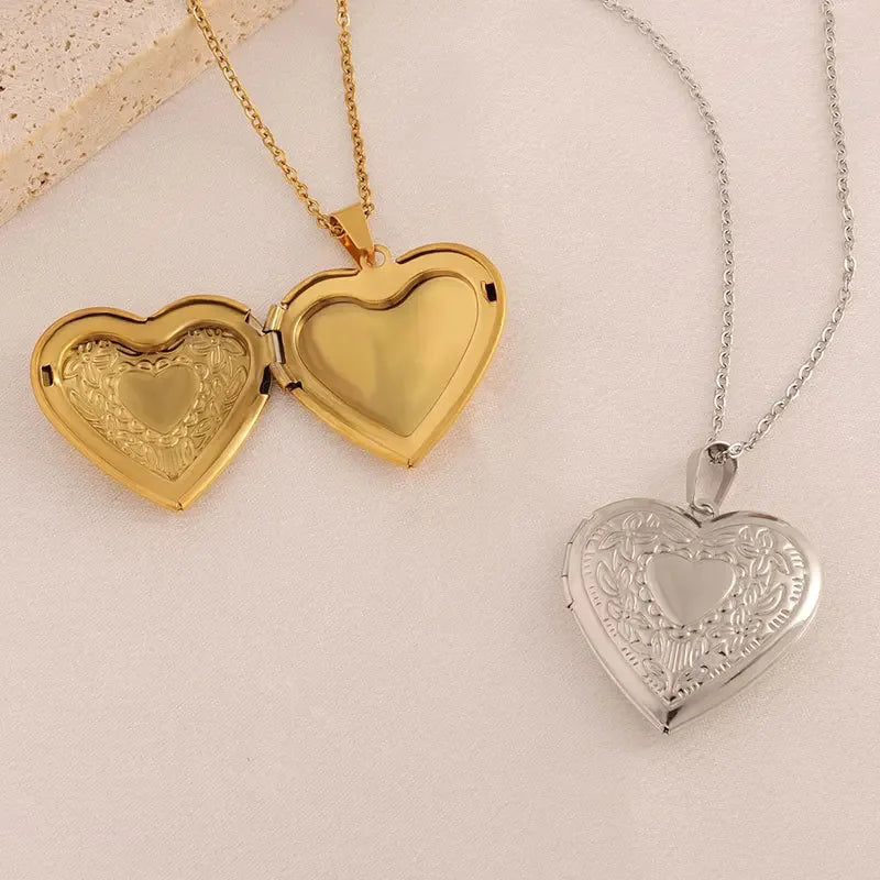 Gold Plated Heart-shaped Pendants Can Openable Frame Love Faith Stainless Steel Embossing Heart Locket Pendant Memorial Necklace
