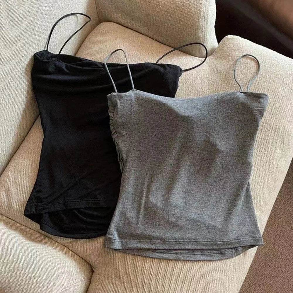 Summer Camisoles Tank Tops Women With Built In Bra Spaghetti Strap Tanks Vest Sleeveless Tees Cropped Top Solid Color Casual Top - AIAZ