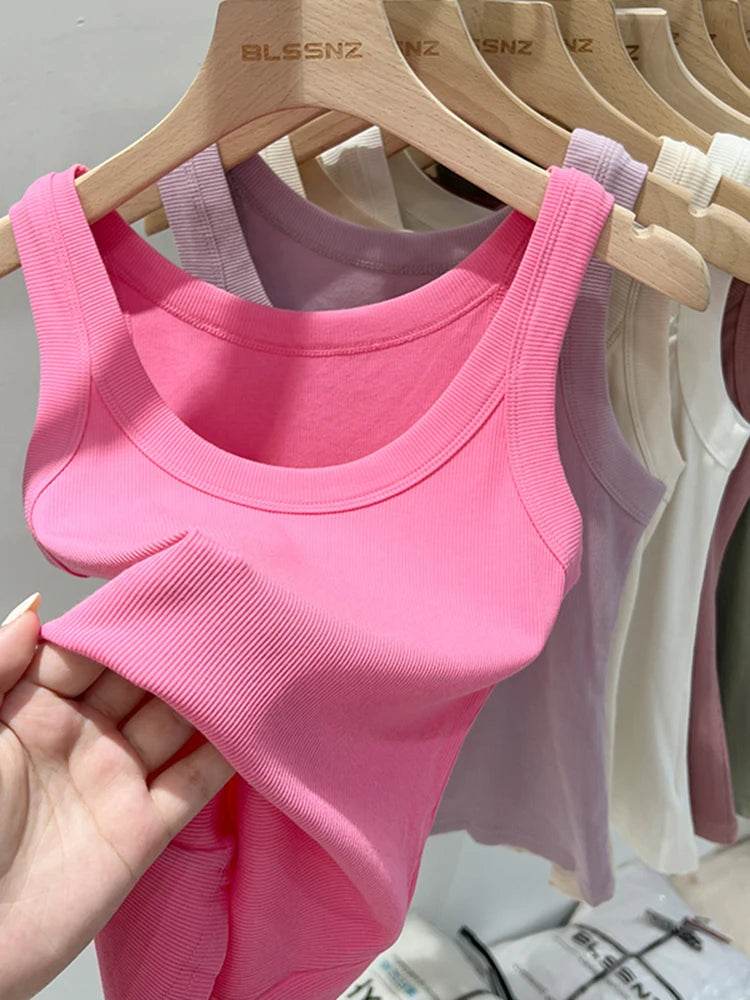 Women Solid Round Neck Ribbed Tank Top Camisole Women 2025 Summer Basic Elastic Tank Top O Neck Solid Tank Top - AIAZ