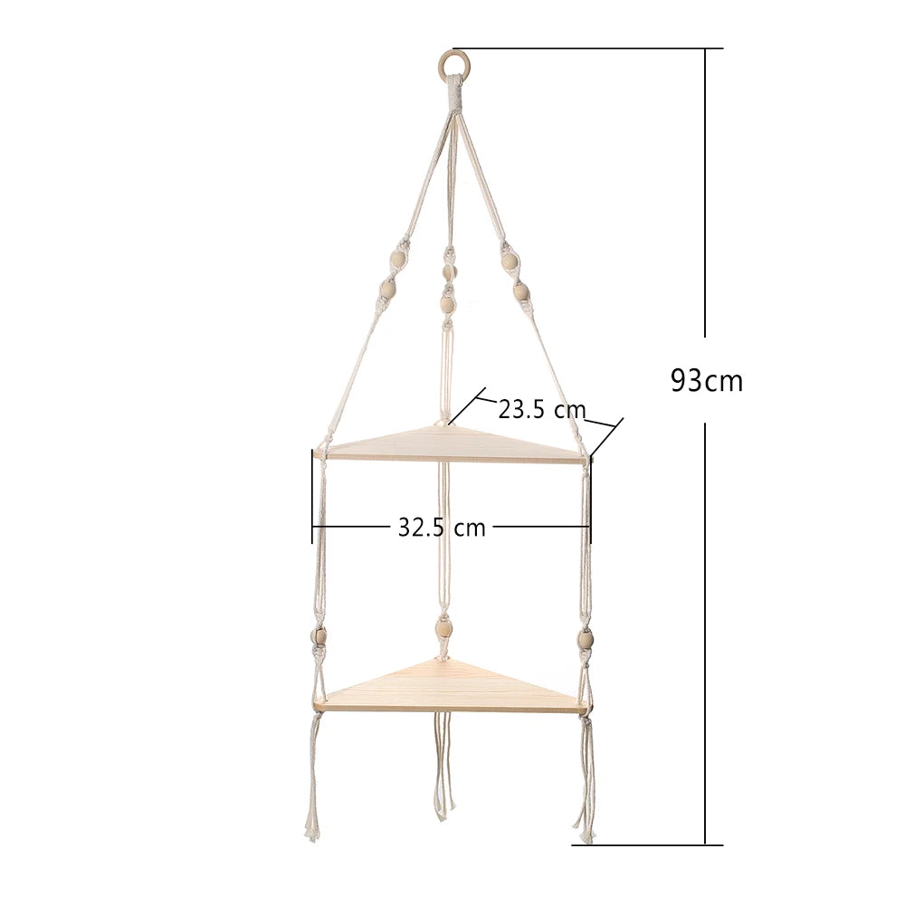 Corner Shelf Macrame Wall Hanging Wood Floating Shelves Rustic Boho Wall Shelf Decor Storage Rack for Plants Pots Photo Frames
