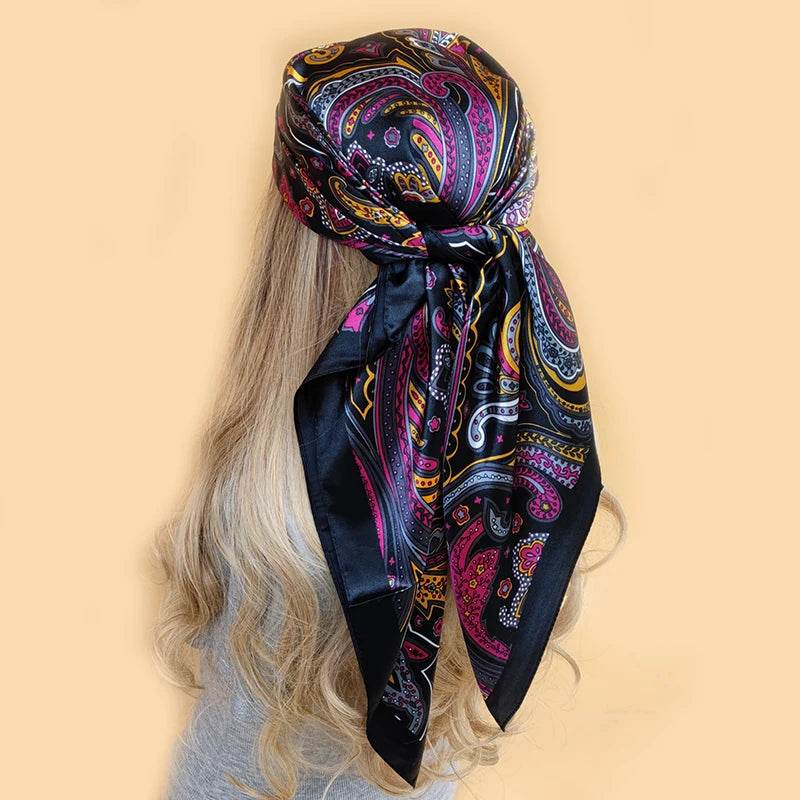 New 90*90cm Retro Brand Women Silk Scarf Bandanna Fashion Bohemian Pattern Square Hijab Lady Wrap Headband foulard muffler - AIAZ