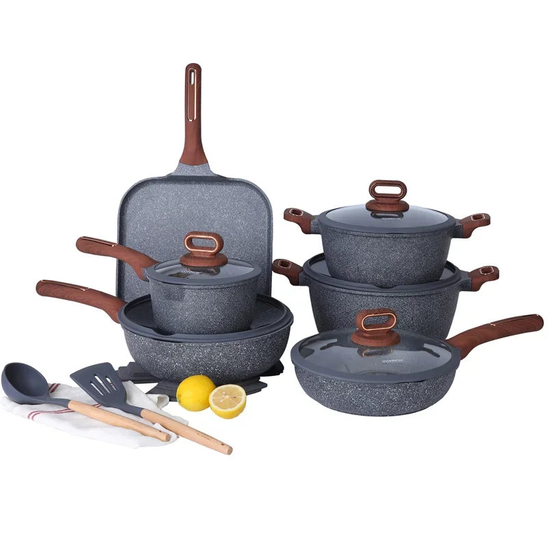 DONNOR 16Pcs/set Pot Set Home Nonstick Beef Steak Frying Pan Stewed Pot with Silicone Spatula and Glass Lid Kitchen Cookware Set
