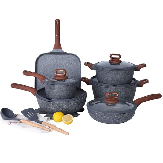 DONNOR 16Pcs/set Pot Set Home Nonstick Beef Steak Frying Pan Stewed Pot with Silicone Spatula and Glass Lid Kitchen Cookware Set