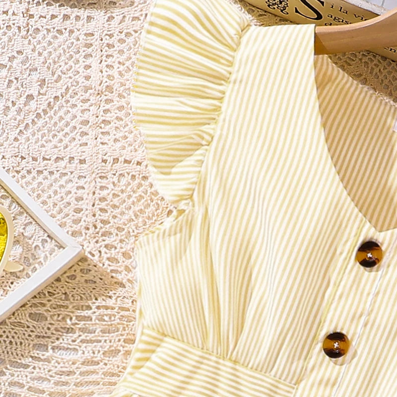 Girl Dress Summer New Light Blue Stripe Ruffled Sleeveless V-Neck Dress Elegant Cute Daily Casual Vacation Preppy Style Outifits