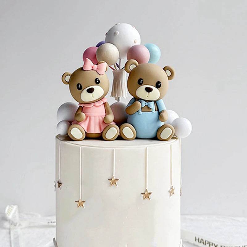 Brown Bear Doll Cake Toppers Happy Birthday Pink Blue Bear Theme Cake Topper for Birthday Baby Shower Wedding Cake Deocrations - AIAZ