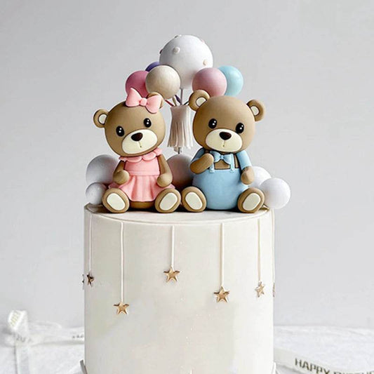 Brown Bear Doll Cake Toppers Happy Birthday Pink Blue Bear Theme Cake Topper for Birthday Baby Shower Wedding Cake Deocrations - AIAZ