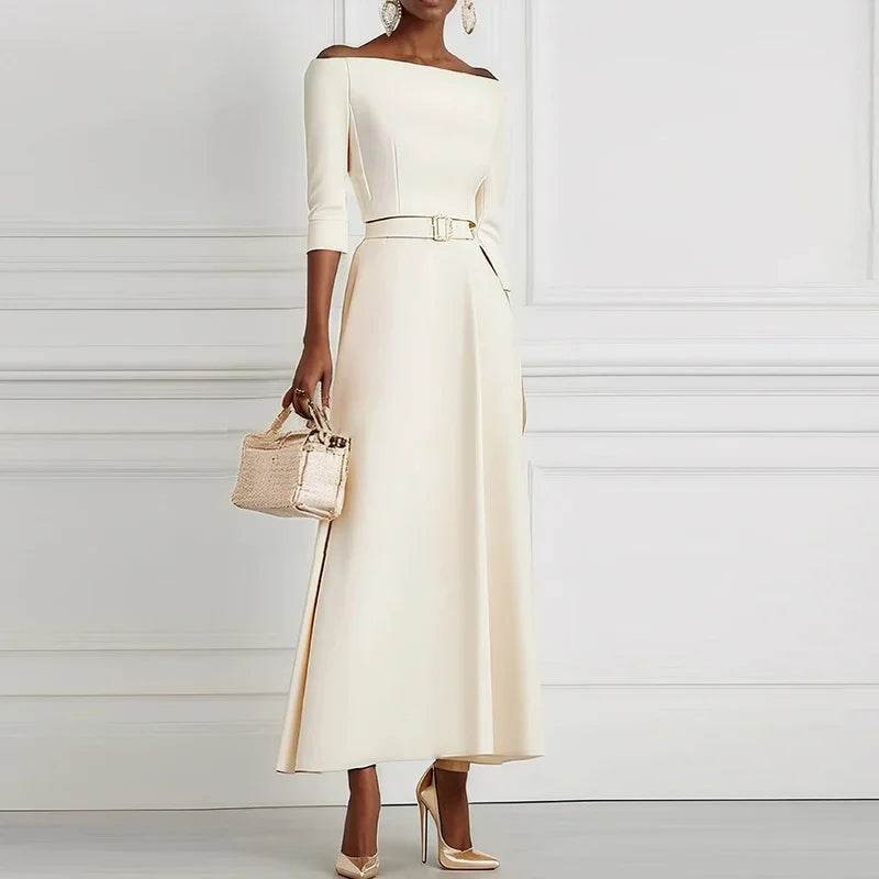 Elegant Party Dresses For Women One Shoulder Half Sleeve High Waisted A-Line Long Dress Women Offfice Dress White - AIAZ