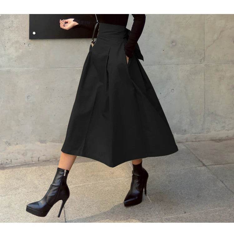 Skirts Womens Korean Fashion Solid Color Big Swing Ladies Skirt Long Skirt 2025 Autumn Wild High Waist Bow Slim Skirts - AIAZ