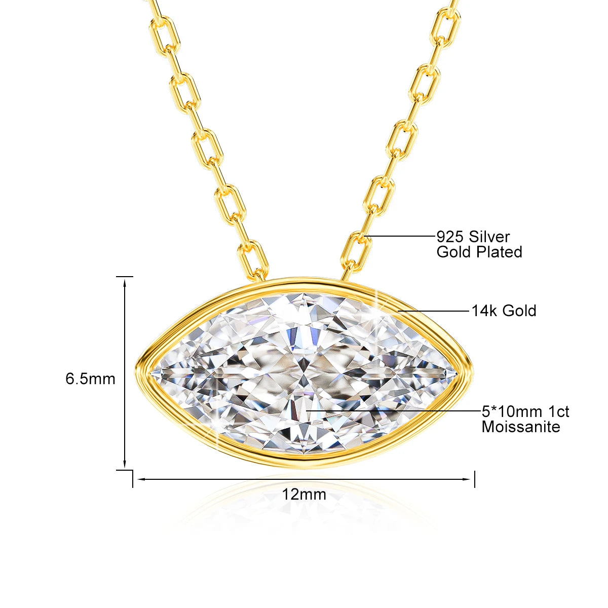100% 14K Gold Marquise Cut Moissanite Pendant Necklace for Women Wedding Solitaire Choker Minimalist Luxury Collarbone Chain