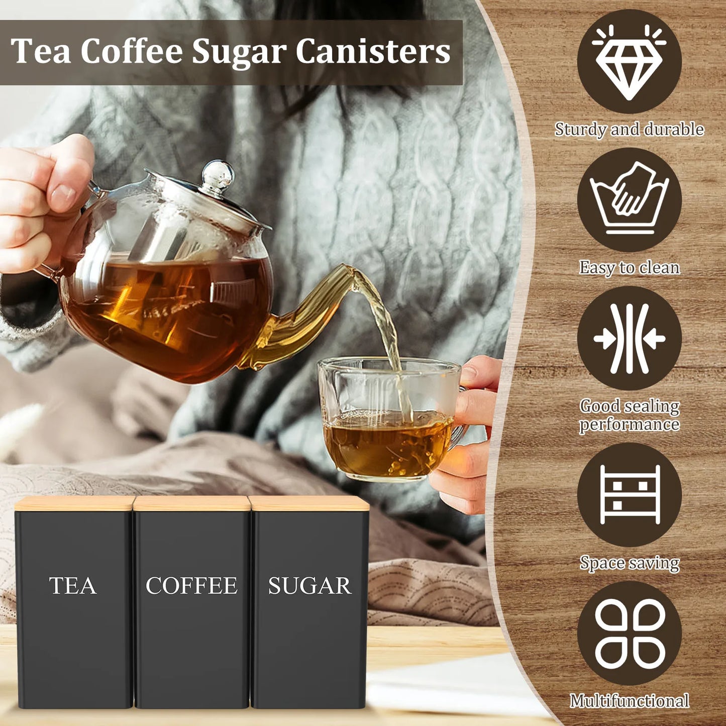 Coffee Bean Storage Jar Metal Coffee Tea Sugar Container Simple Style Sealed Storage with Bamboo Lid Tea Can Kitchen Supplies