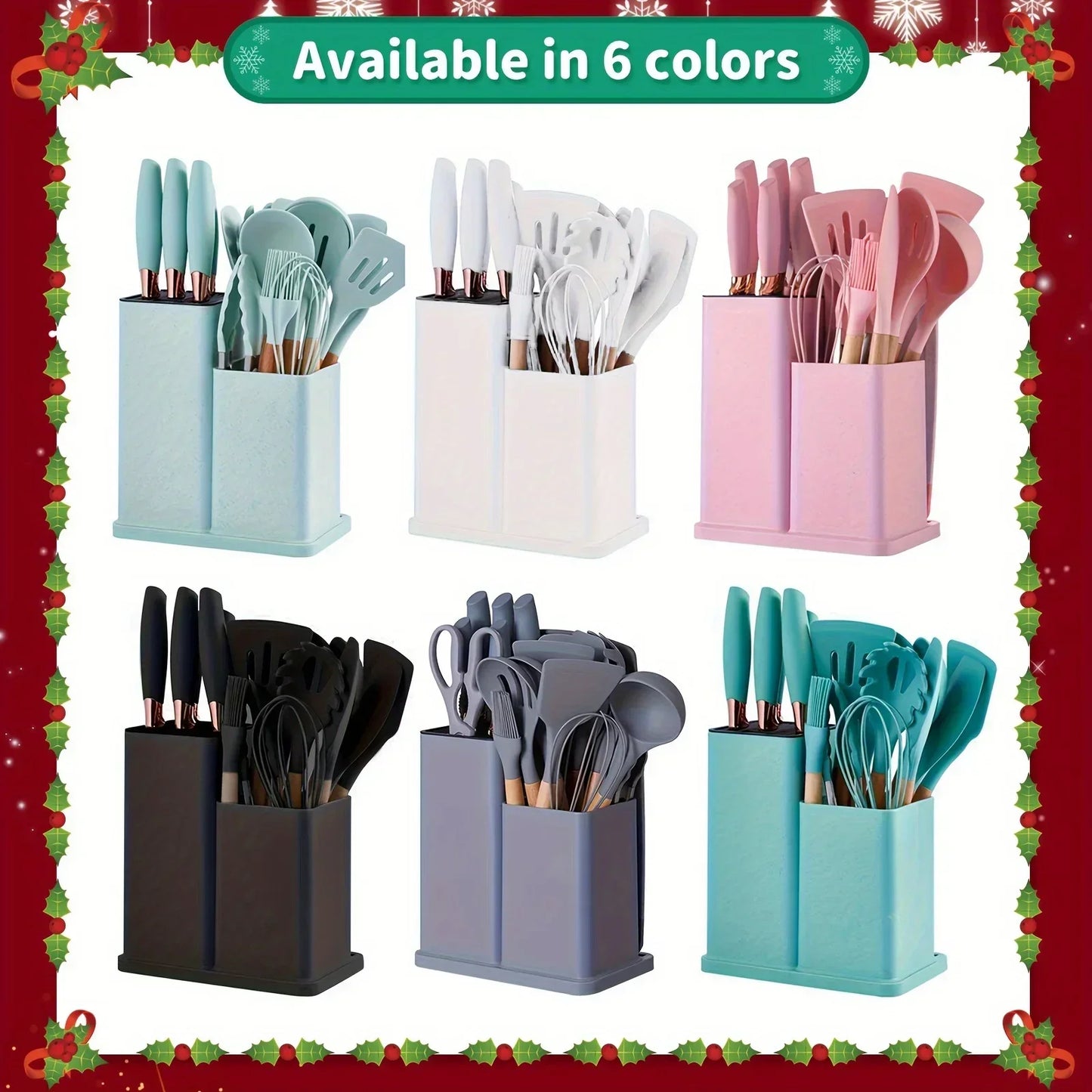 19 Pcs Non-Stick Silicone Kitchen Utensil Set with Knives Heat-Resistant Tools in Bamboo Storage Perfect for Cooking
