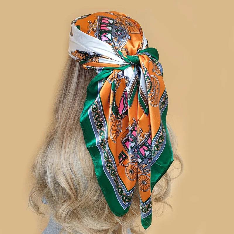 New 90*90cm Retro Brand Women Silk Scarf Bandanna Fashion Bohemian Pattern Square Hijab Lady Wrap Headband foulard muffler - AIAZ