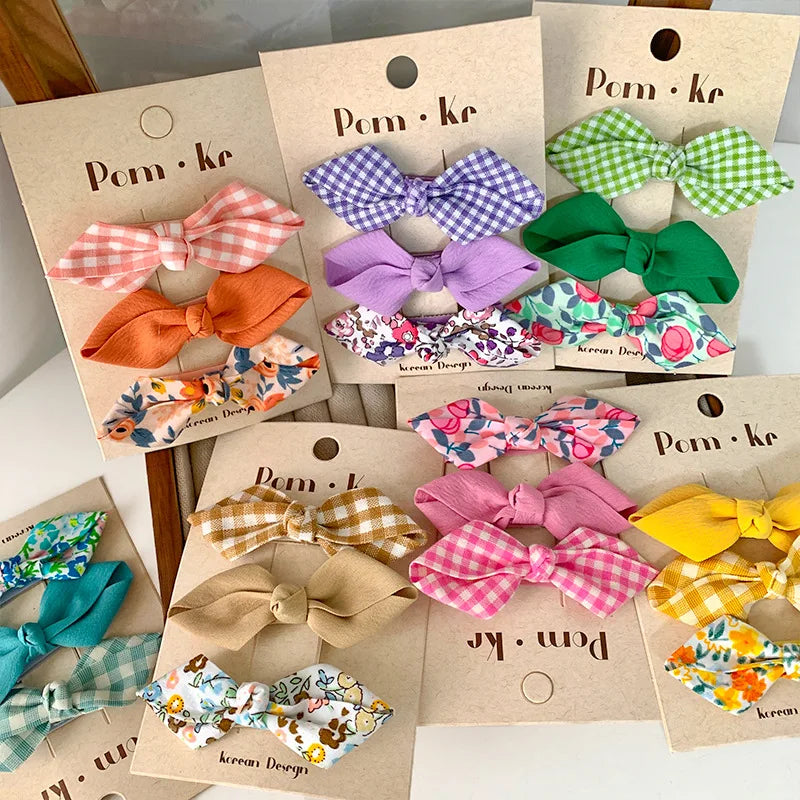 3 Pcs/lot Bows Hairpin Set for Baby Girls Cute Floral Hair Clips Plaid Bangs Clip Korean Hair Accessories Sweet Kids Headdress