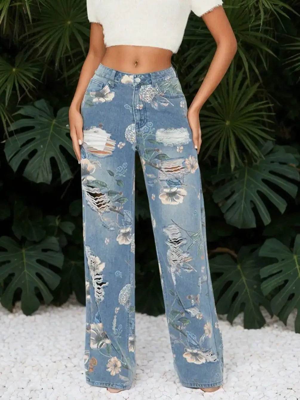 Women's Printed Straight-Leg Distressed Denim Jeans - Trendy Ripped Design for Casual Style - AIAZ