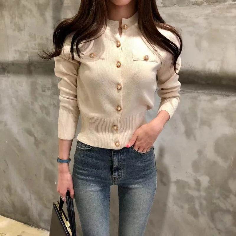 Women's Cardigan Sweater Decorative Pocket Button Solid Color Knitted Single-Breasted Jacket Women's Clothing - AIAZ