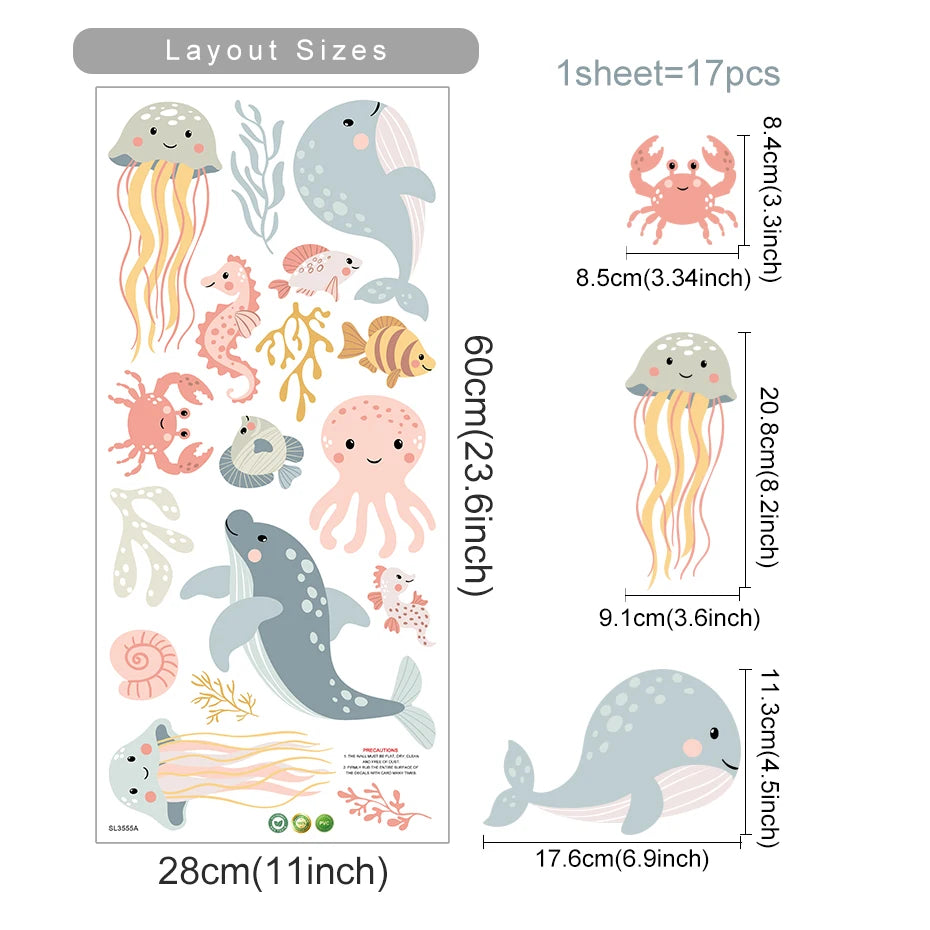 Watercolor Cartoon Ocean Fish Animal Wall Sticker Living Room Bedroom Sea Life Beach Landscape Wall Decal Home Decor