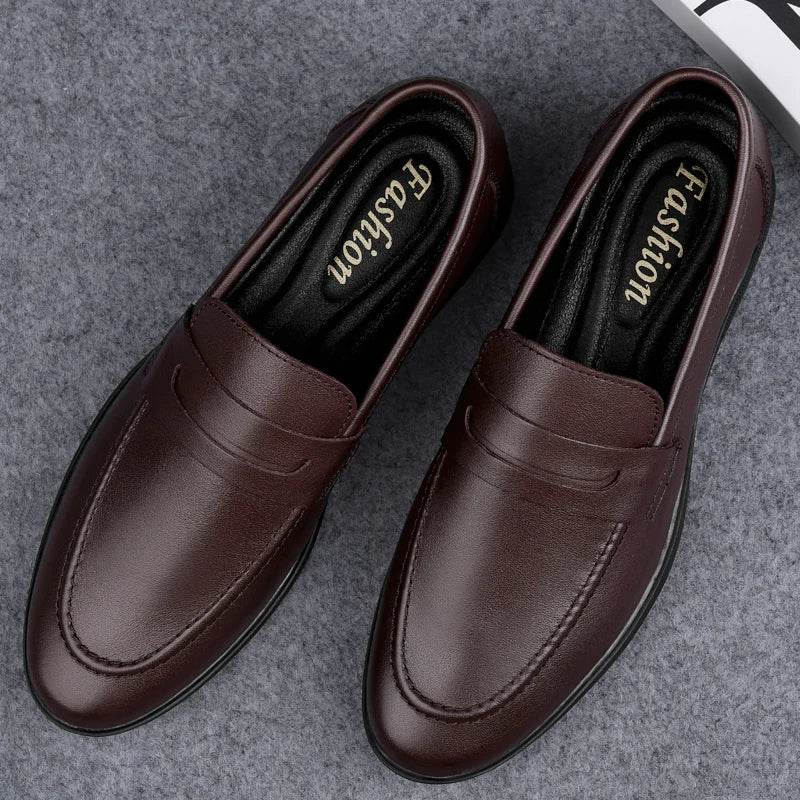 Classics Men's Brown Business Officially Shoes Leather Wedding Party Shoes for Men Quality Loafers Genuine Leather Pointed Shoes - AIAZ