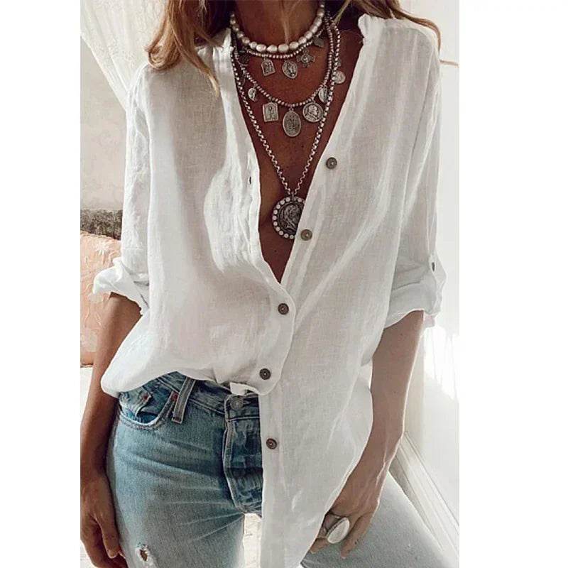Summer Women's Cotton Linen Shirt Fashion Solid Color Casual Loose Button V-Neck Long Sleeve Top Commuter Wear - AIAZ