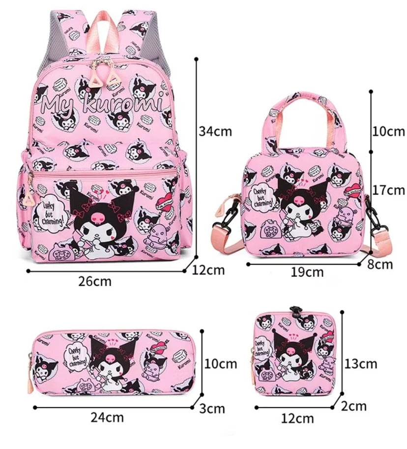 4Pcs School Bag Set For Elementary School Students Cartoon Printed Hello Kitty Kuromi Junior High School Backpack With Pen Bag - AIAZ