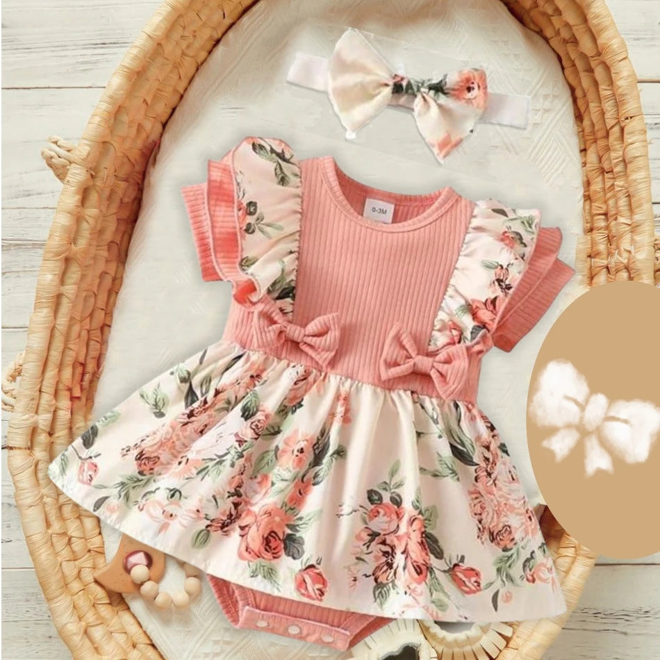 Summer Baby Girl Dress With Bowknot headband Striped Jumpsuit Cotton Dress For Newborn Floral Clothes Baby Crawling Clothes