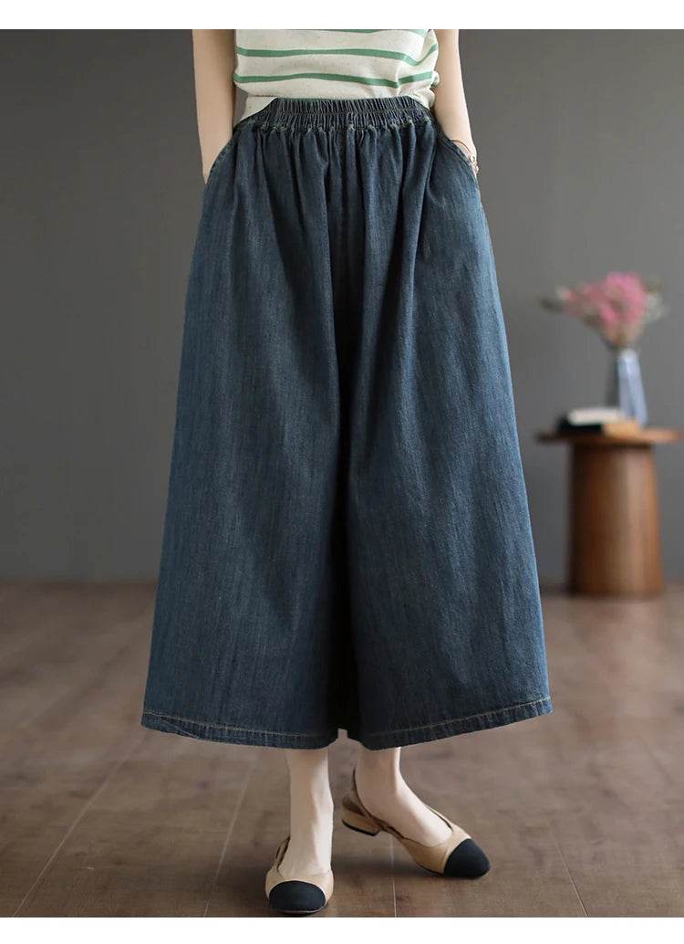 8215 Summer Trendy Wide Leg Jeans Skirts For Women New Design Straight Loose Casual Solid Color Elastic High Waist Denim Pants - AIAZ