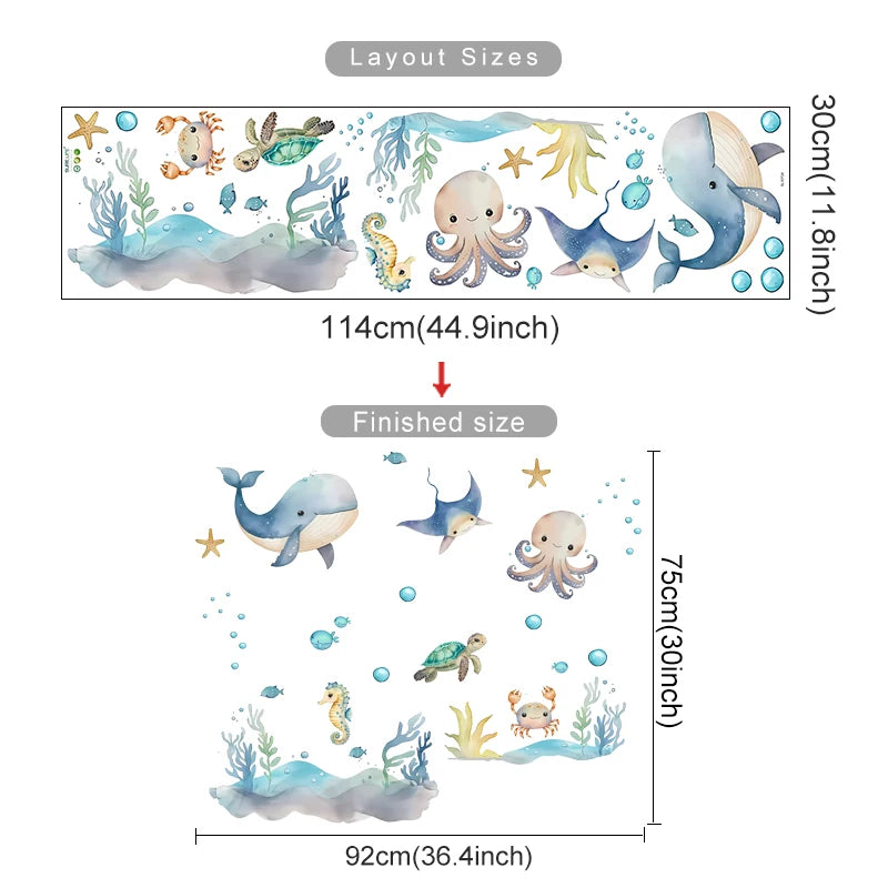 Watercolor Cartoon Ocean Fish Animal Wall Sticker Living Room Bedroom Sea Life Beach Landscape Wall Decal Home Decor