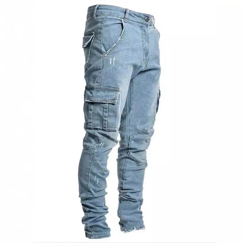 Men Street Elastic Denim Jeans Wash Solid Color Multi Pockets Cargo Pants Casual Slim Fit Daily Wear Joggers Mid Waist Trousers - AIAZ