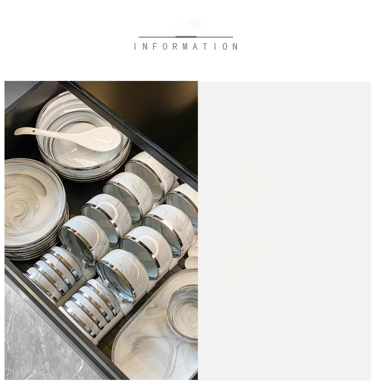 Light Luxury Ceramic Tableware Set Marble Fish Plates With Silver Rim Household Hotel LArge Capacity Soup Bowl Deep Plates
