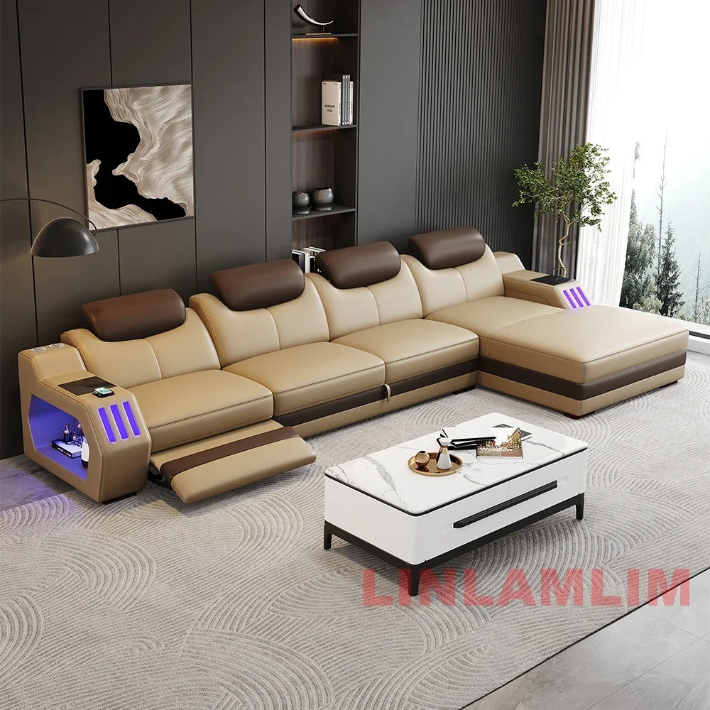 Modern L-Shaped Sectional Sofa Bed with Adjustable Headrests & LED Lights, Genuine Leather Recliner Couch with Storage & USB