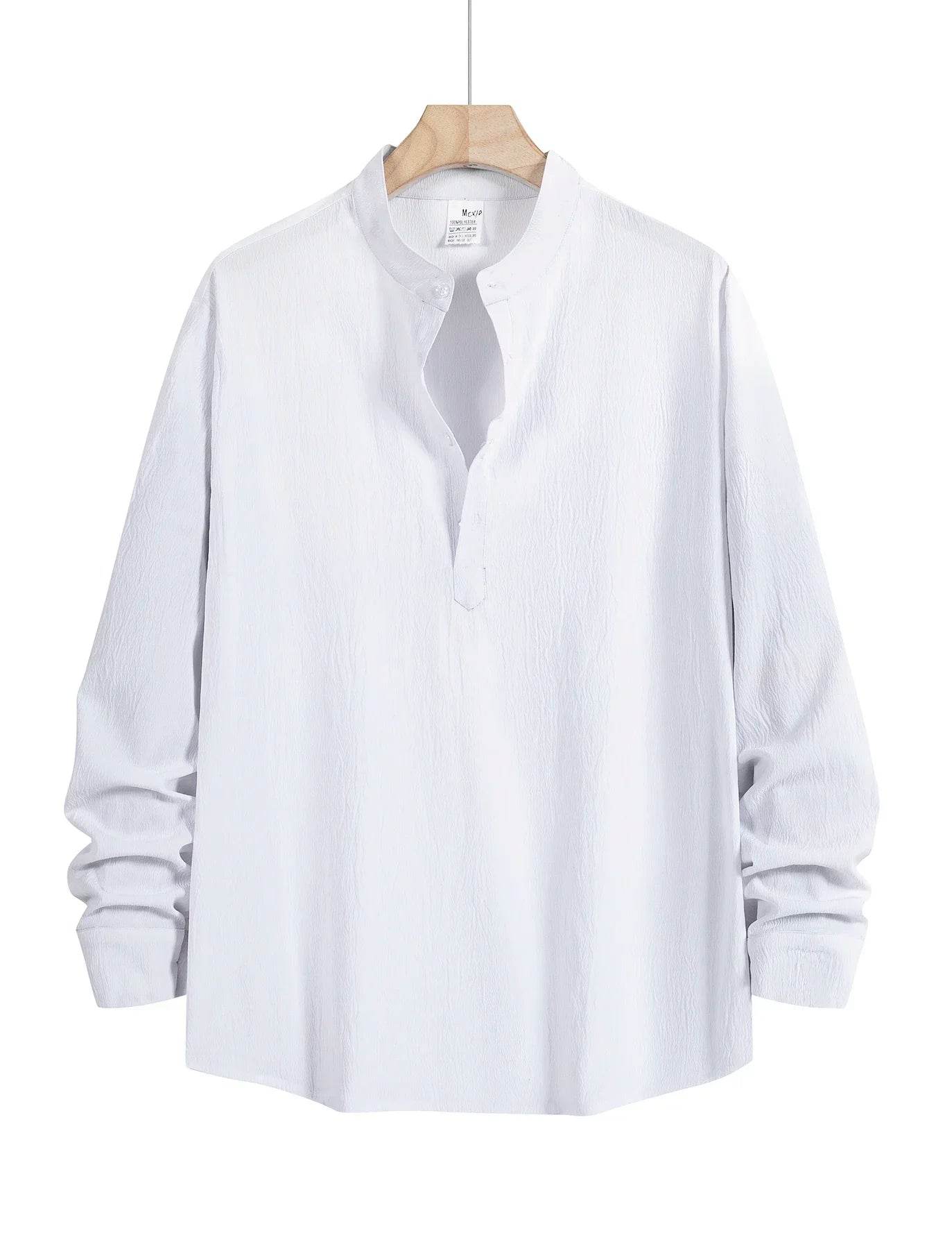 Men's Linen Shirt Summer 2025 Casual Short Sleeve Breathable Stand Collar Loose Fit Trendy Solid Color Youth Top with Pocket - AIAZ