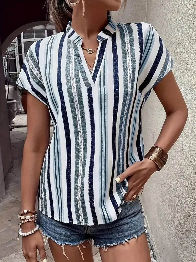 Women's Tops Blouses New 2025 Summer Casual Fashion Striped Print V-neck Short Sleeve Shirt Elegant Women Shirts Tops Streetwear - AIAZ