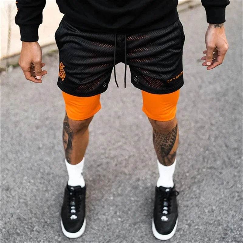 2025 summer mesh Sports Shorts Men Double-deck Jogging Running Shorts Men 2 IN 1 Mens GYM Shorts Fitness Workout Short Pants Man - AIAZ