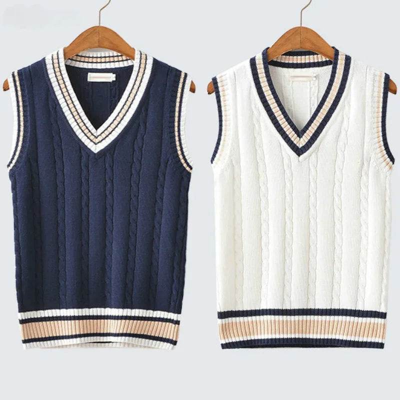 Sweater Vest Men Thicken V-neck Sleeveless Knitted Sweaters Vests Striped Retro Preppy-style Simple Chic Loose Casual All-match - AIAZ