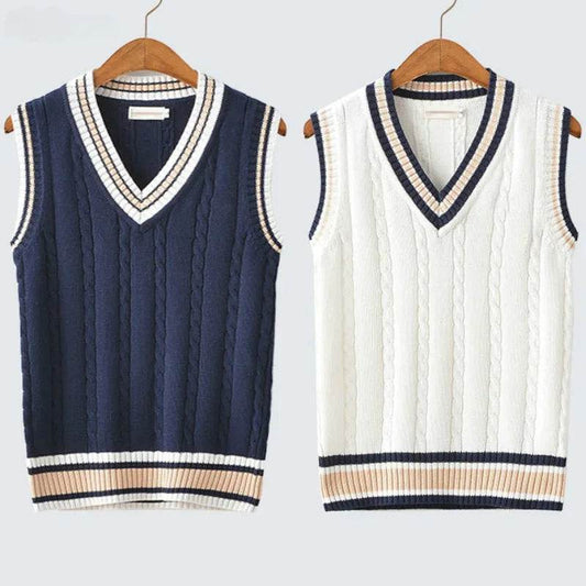 Sweater Vest Men Thicken V-neck Sleeveless Knitted Sweaters Vests Striped Retro Preppy-style Simple Chic Loose Casual All-match - AIAZ