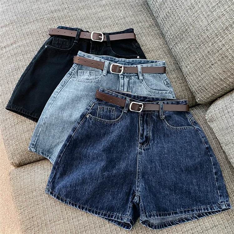 Denim shorts women's summer new trendy Instagram high waist simple slimming loose wide leg versatile A-line hot pants - AIAZ