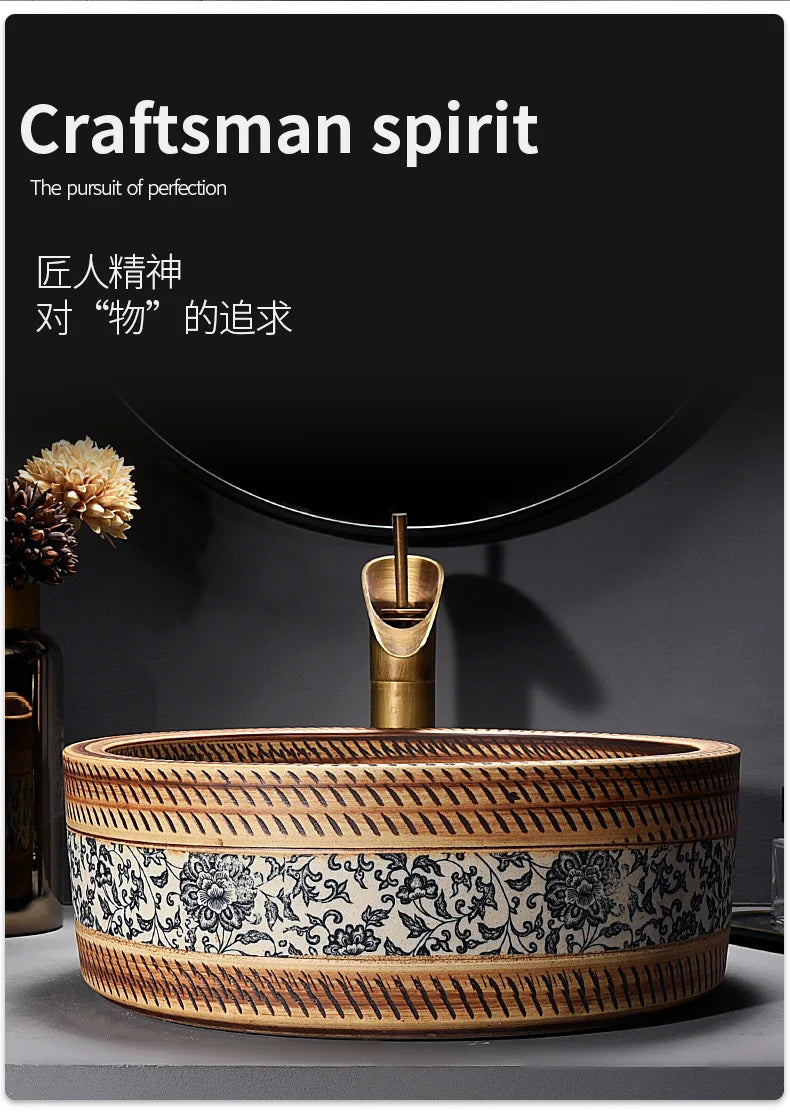 41*41*14cm European style Ceramic Washbasin Retro Printing Bathroom Sink Countertop Round Bowl Basin with Hardware Faucet Set