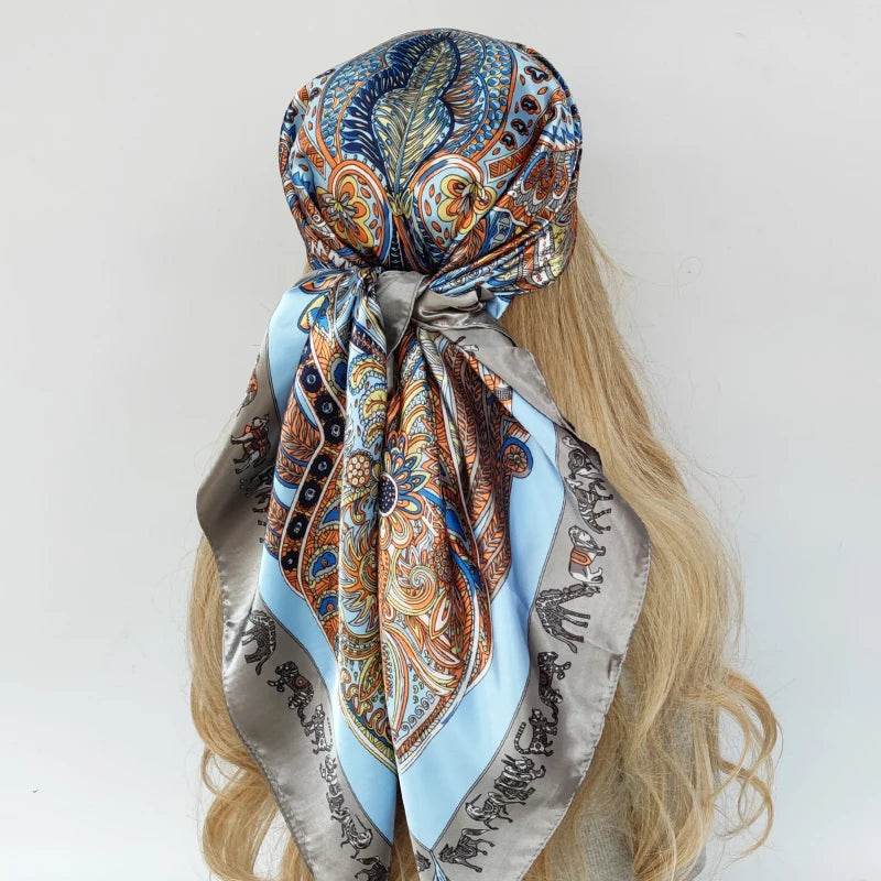New 90*90cm Retro Brand Women Silk Scarf Bandanna Fashion Bohemian Pattern Square Hijab Lady Wrap Headband foulard muffler - AIAZ