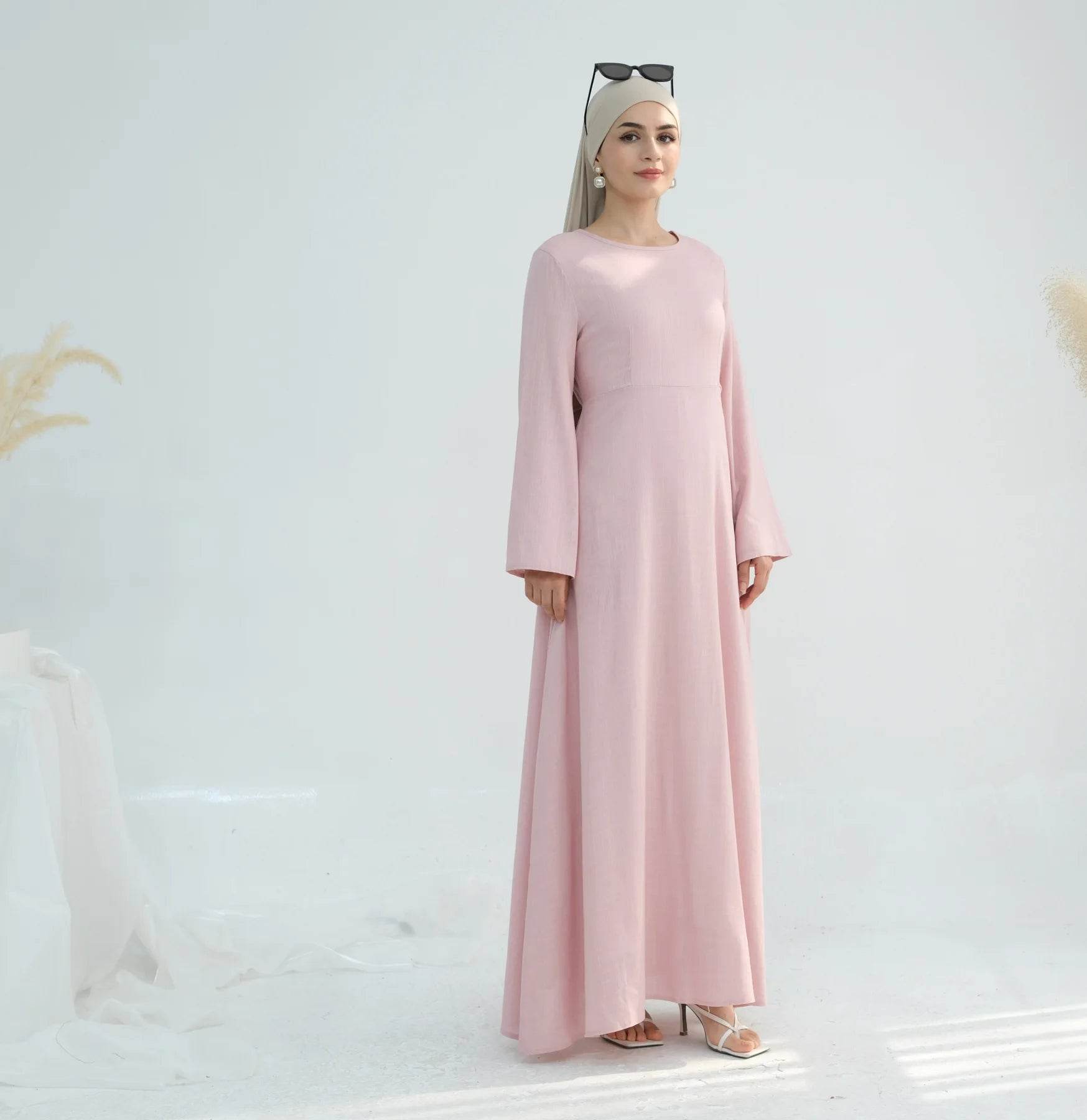 Muslim Women Long Loose Maxi Dress Dubai Turkey Solid Color Cotton Linen Waist Robe Abaya - AIAZ