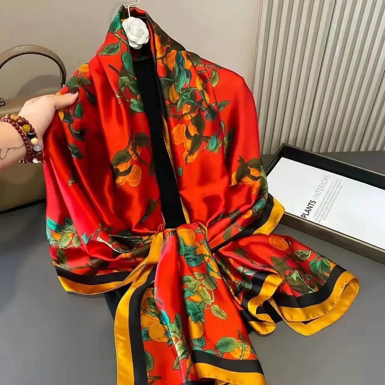 New Summer Women's Silk Scarf Sun Protection Satin Print Extra Long Beach Cover Up Decorative Mom's Shawl Fashionable Accessory - AIAZ