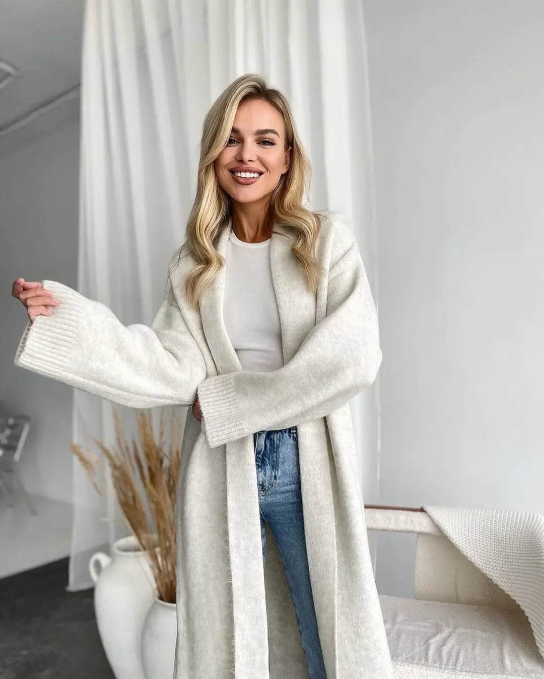 Women's Cardigan Wool Jacket Loose Retro Temperament Elegant Solid Color Collarless Knitted Long Sleeved Cardigan Jacket - AIAZ