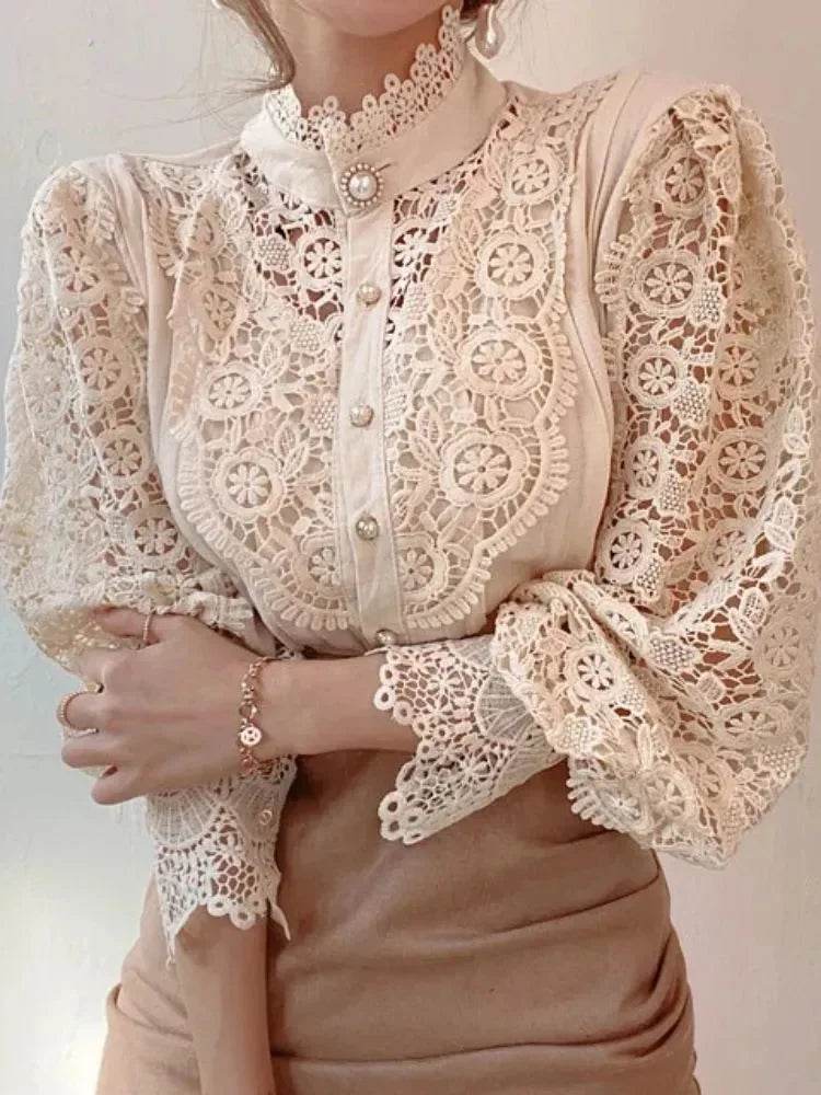 Women's Summer Lace Shirt Button White Top Fashionable Casual Top for Spring Autumn4107 - AIAZ