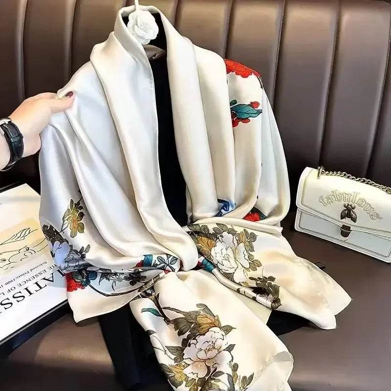 New Summer Women's Silk Scarf Sun Protection Satin Print Extra Long Beach Cover Up Decorative Mom's Shawl Fashionable Accessory - AIAZ