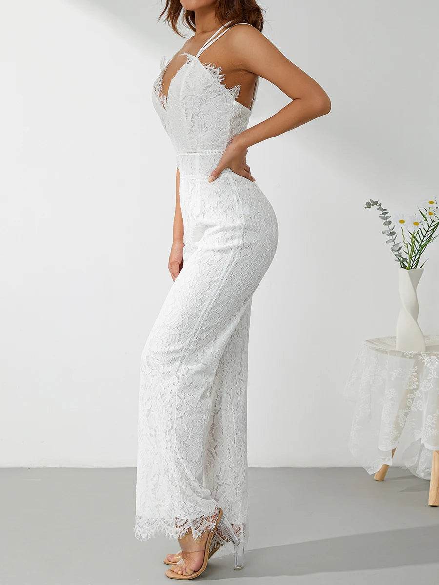 Elegant Women Jumpsuit Spaghetti Straps V Neck Solid Color Lace Open Back Wide-leg Jumpsuits Long Playsuit Streetwear Y2k Summer - AIAZ
