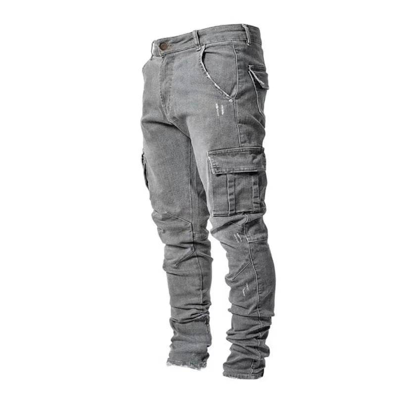 Men Street Elastic Denim Jeans Wash Solid Color Multi Pockets Cargo Pants Casual Slim Fit Daily Wear Joggers Mid Waist Trousers - AIAZ