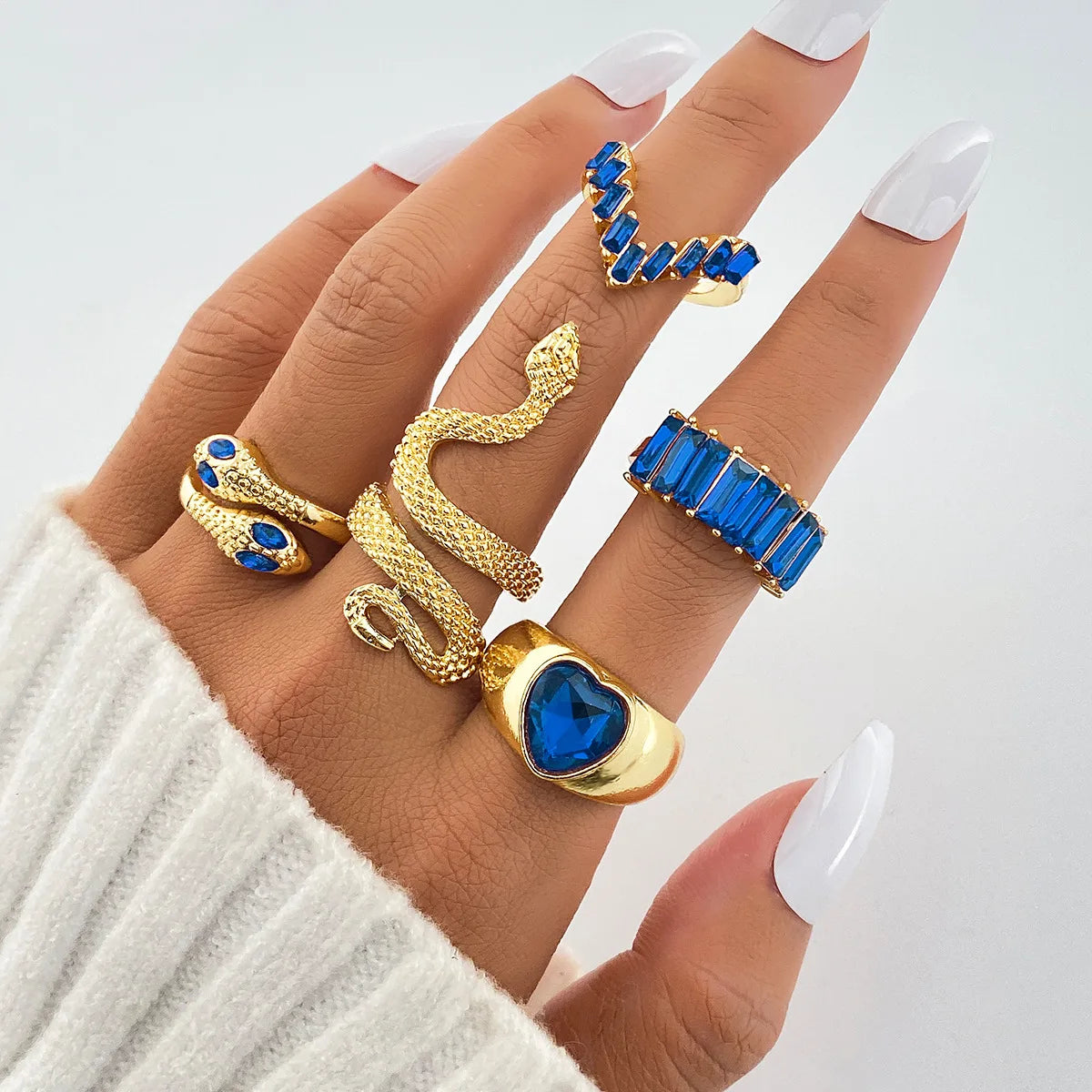 2024 New Tide Individuality Retro Geometric Hollowing Inlay Gem Rings SetLiquid State Metal Four-Piece Rings Set Paty Jewelry