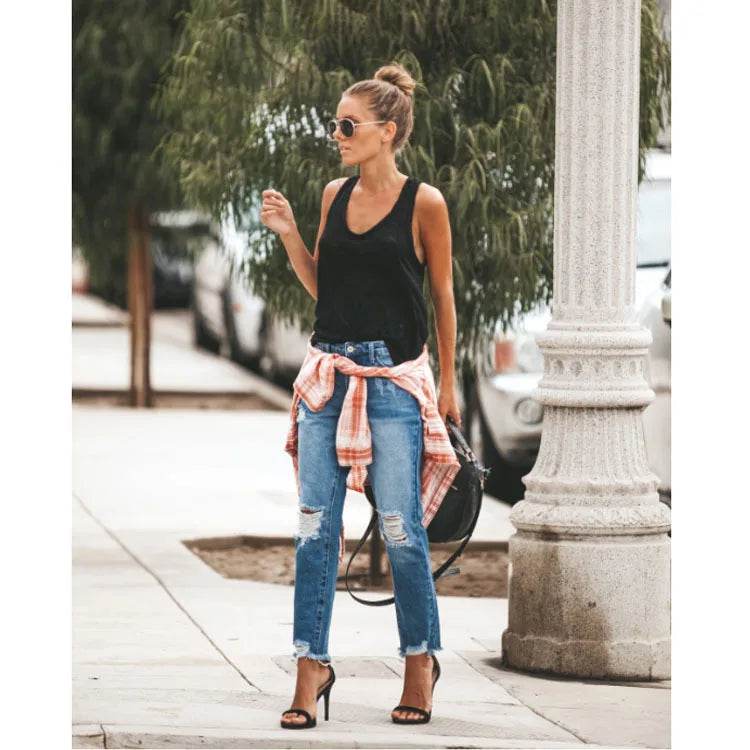 2023 New Women's Mid Waist Ripped Jeans Fashion Casual Ankle-Length Denim Straight Leg Pants Gray/Blue S-2XL Drop Shipping - AIAZ