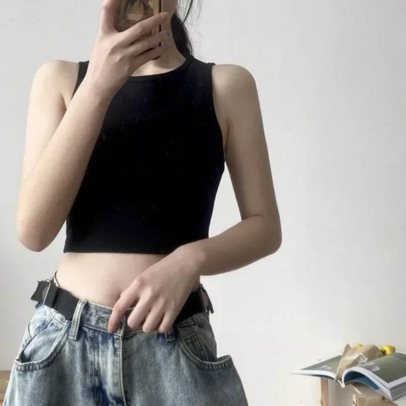 Summer Sleeveless Tops Women Retro White Crop Tops One-Piece Elastic Camisole Tank Tops Female Halter Vest Y2k Girls Slim Short - AIAZ