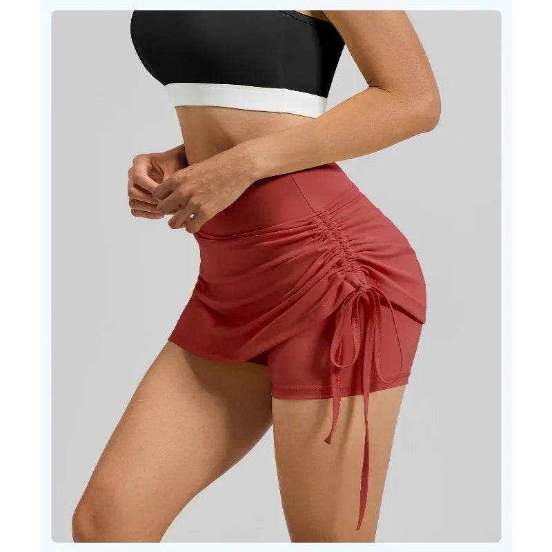 Shirring Sports Skirts with Safety Trousers for Women High Elastic Fashion Casual Fitness Skirts Fake Two Pieces Yoga Skirts - AIAZ